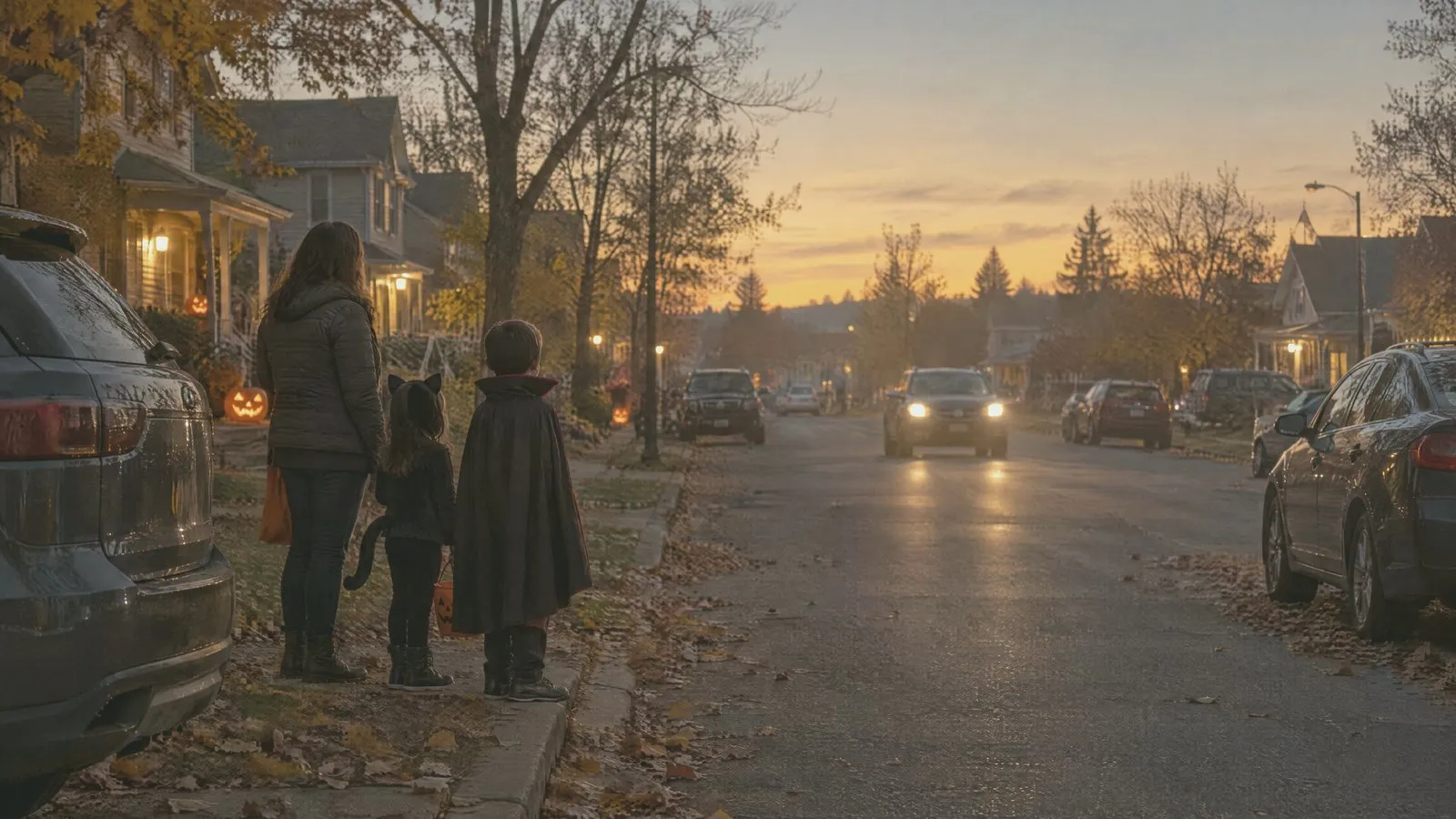 A parent and two children in costumes waiting at the curb between parked cars at dusk, a car approaching with headlights on