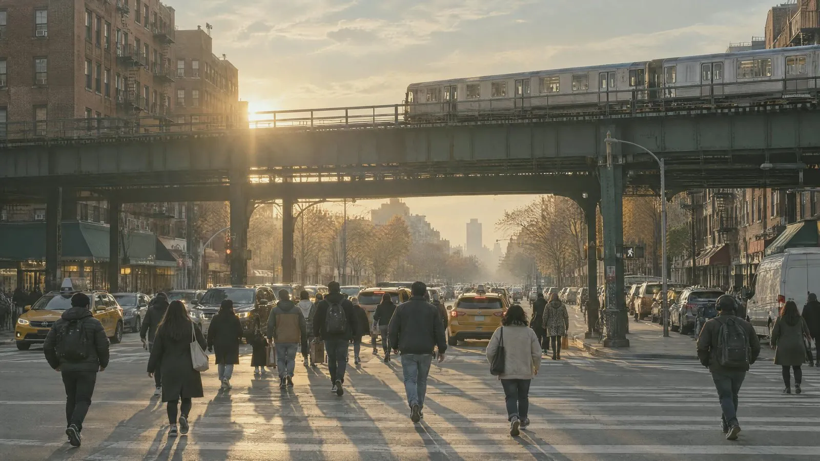 Pedestrians crossing a busy city street beneath an elevated train line, yellow cabs waiting at the light
