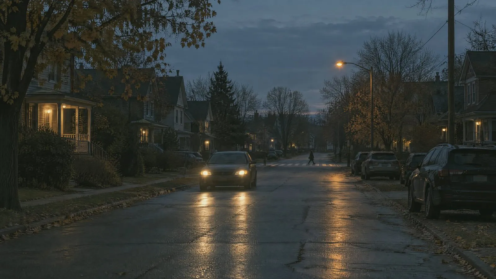 A wet residential street after dark, a car approaching with headlights on under the streetlights
