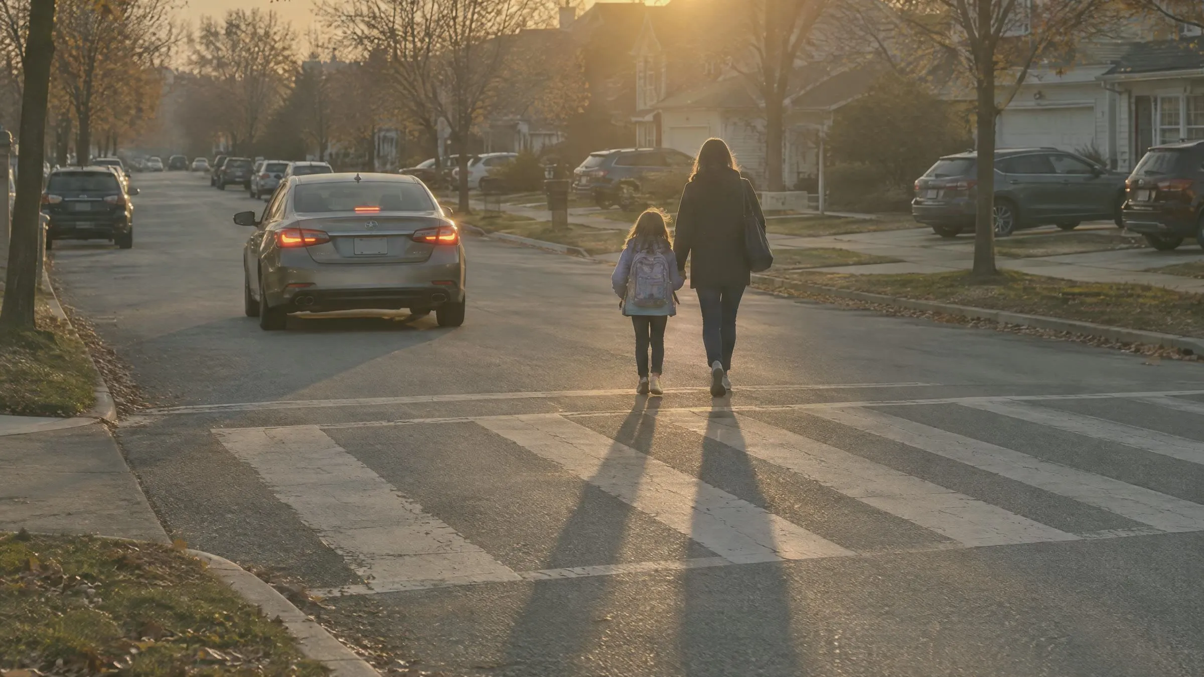 A parent and child walking across a crosswalk on a residential street at sunset, a car waiting at the junction