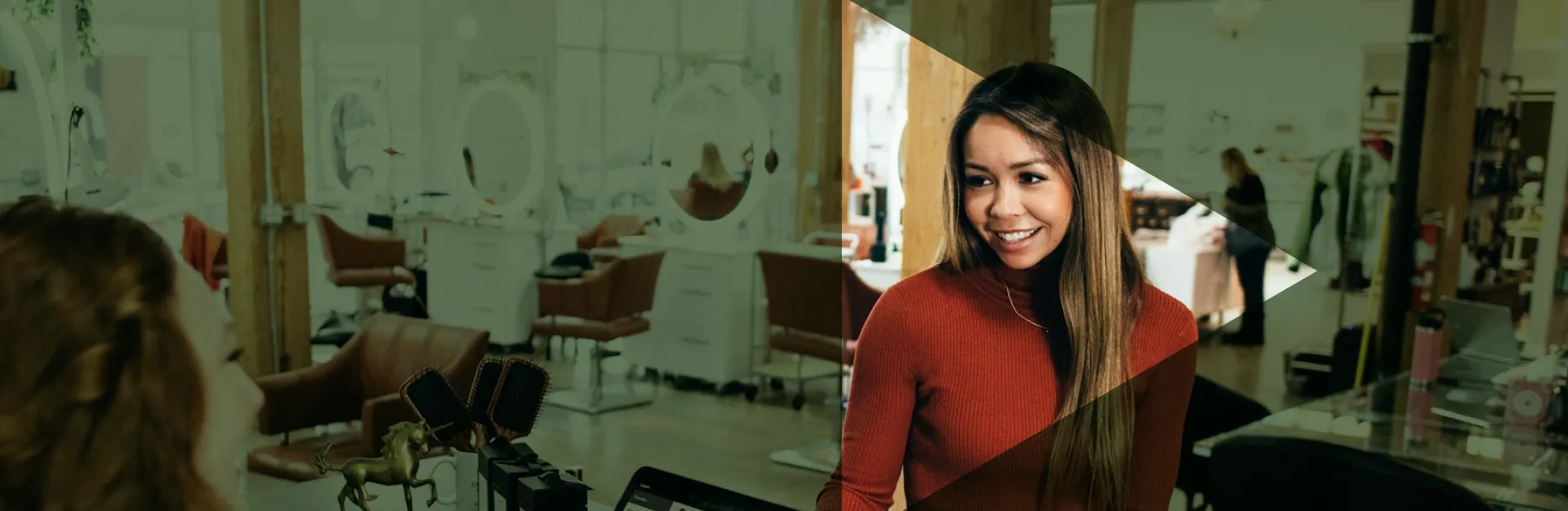 woman smiling with triangle arrow_green