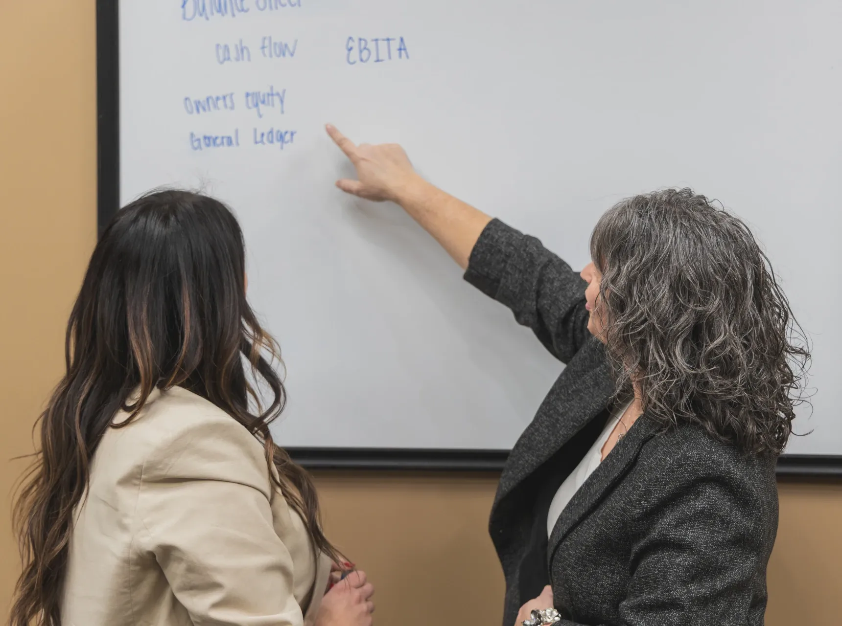 accounting employees with solutions on whiteboard