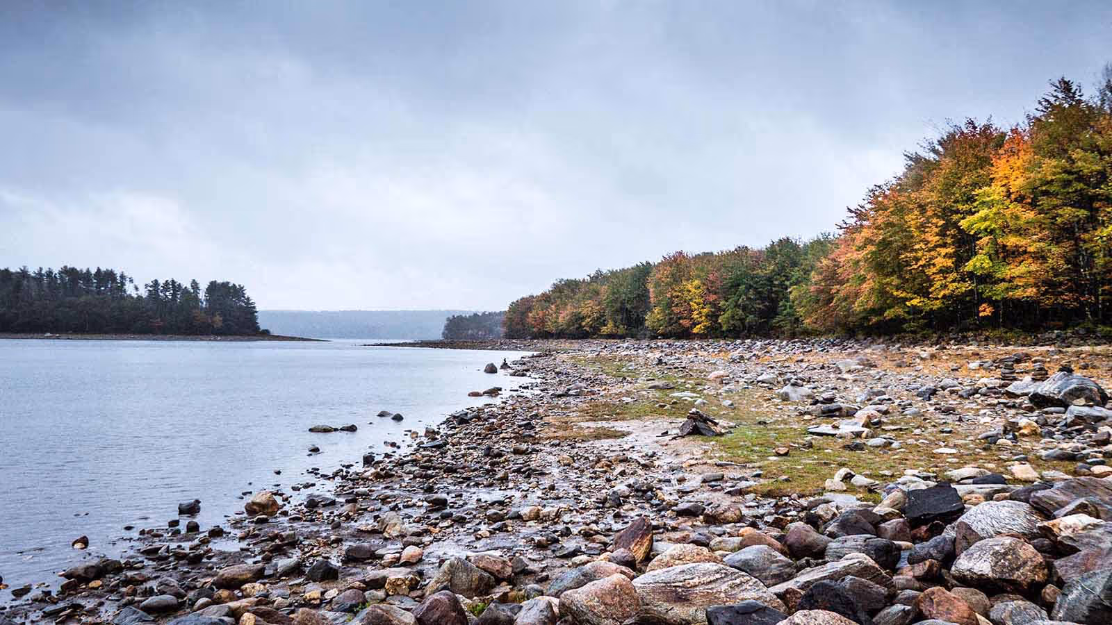 Scenic view of Quabbin Reservoir in Massachusetts featuring calm blue waters surrounded by lush green forests and rolling hills under a clear sky—highlighting one of the largest man-made reservoirs in the U.S. and a popular spot for nature lovers, hiking, and outdoor recreation.