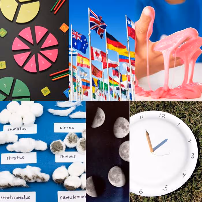 Collage: slime, homemade clock, moon cycle, and flags