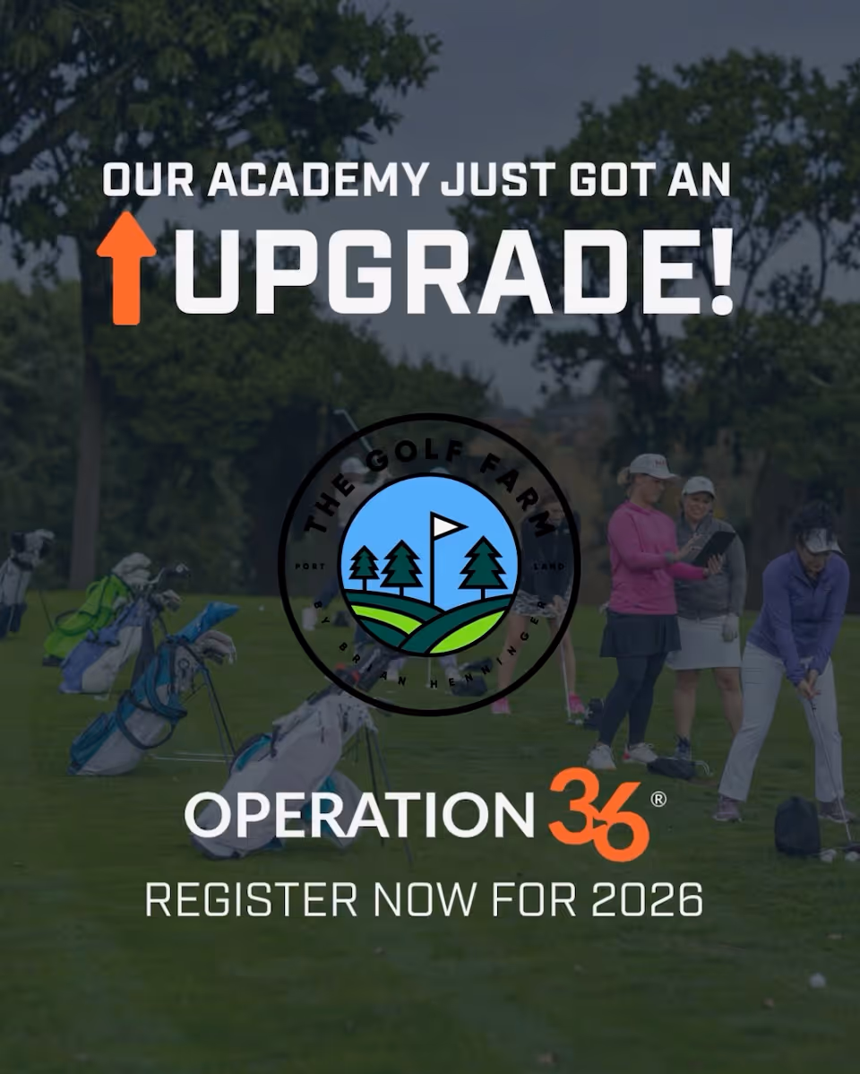 Golfers practicing on a green field with text announcing academy upgrade and registration for Operation 36 in 2026.