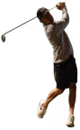 Golfer in mid-swing wearing cap, brown shirt, black shorts, and white shoes on a transparent background.