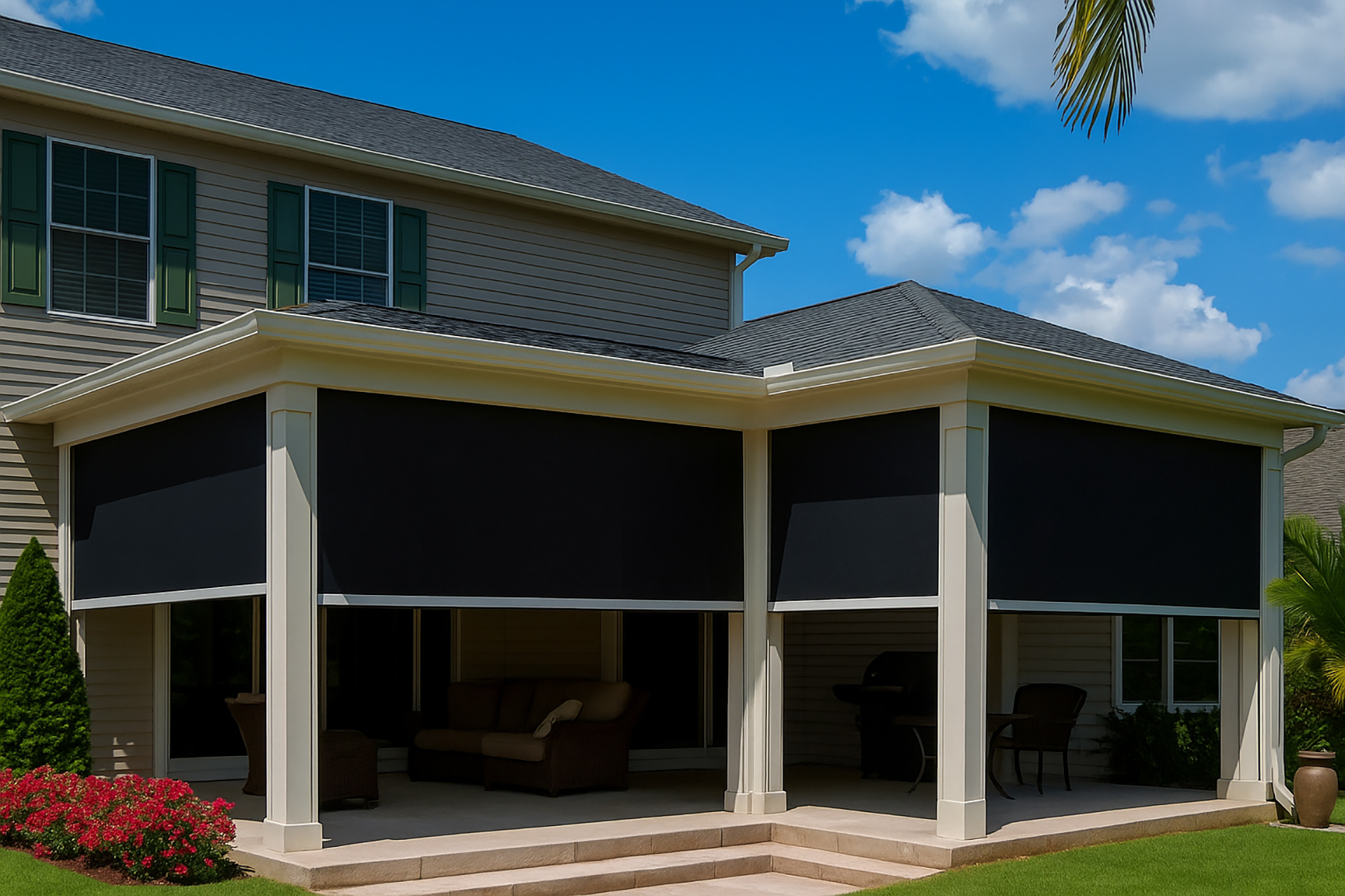 Motorized retractable screen in use on an outdoor living space