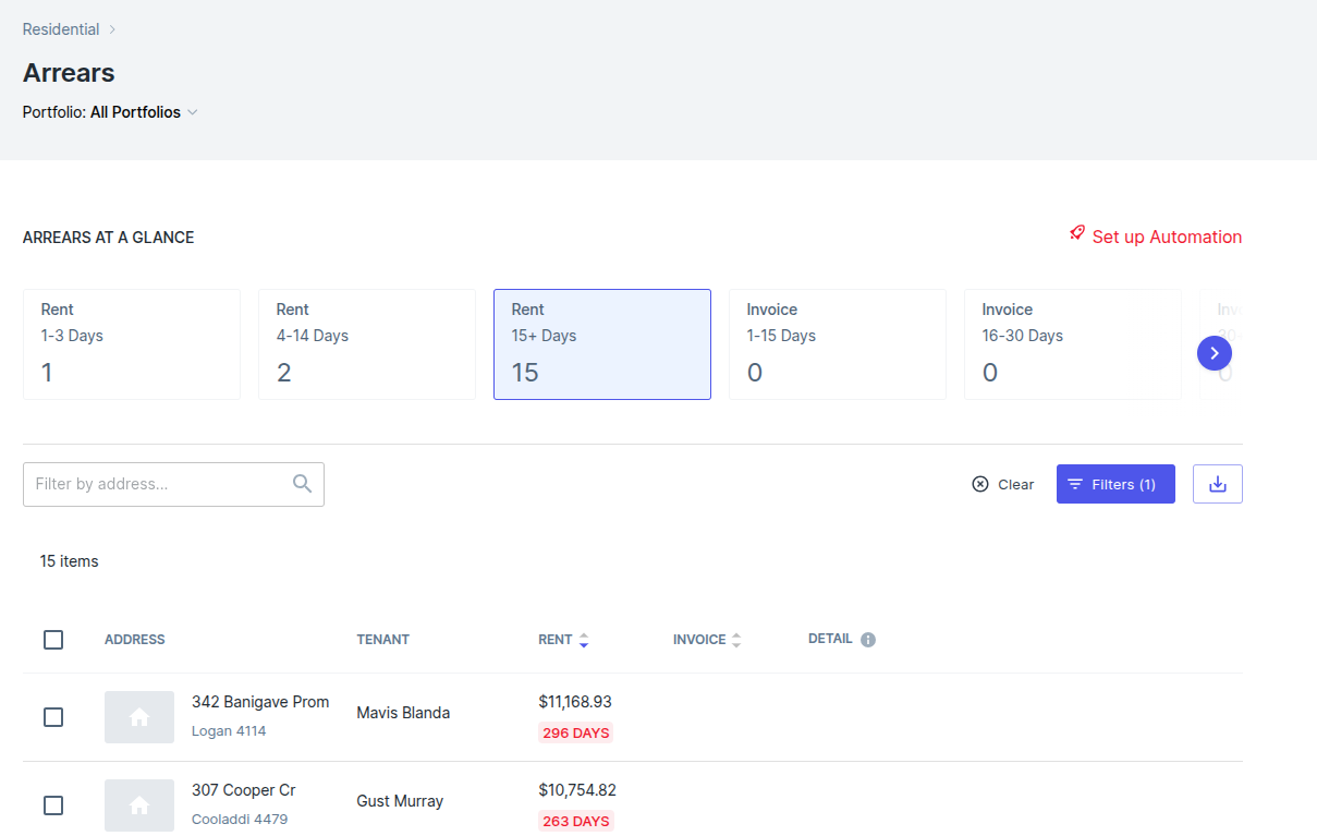 VIC-specific arrears filter 15+ days