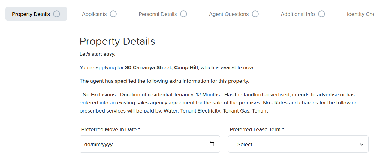 Reapit Lettings Application Information for South Australia