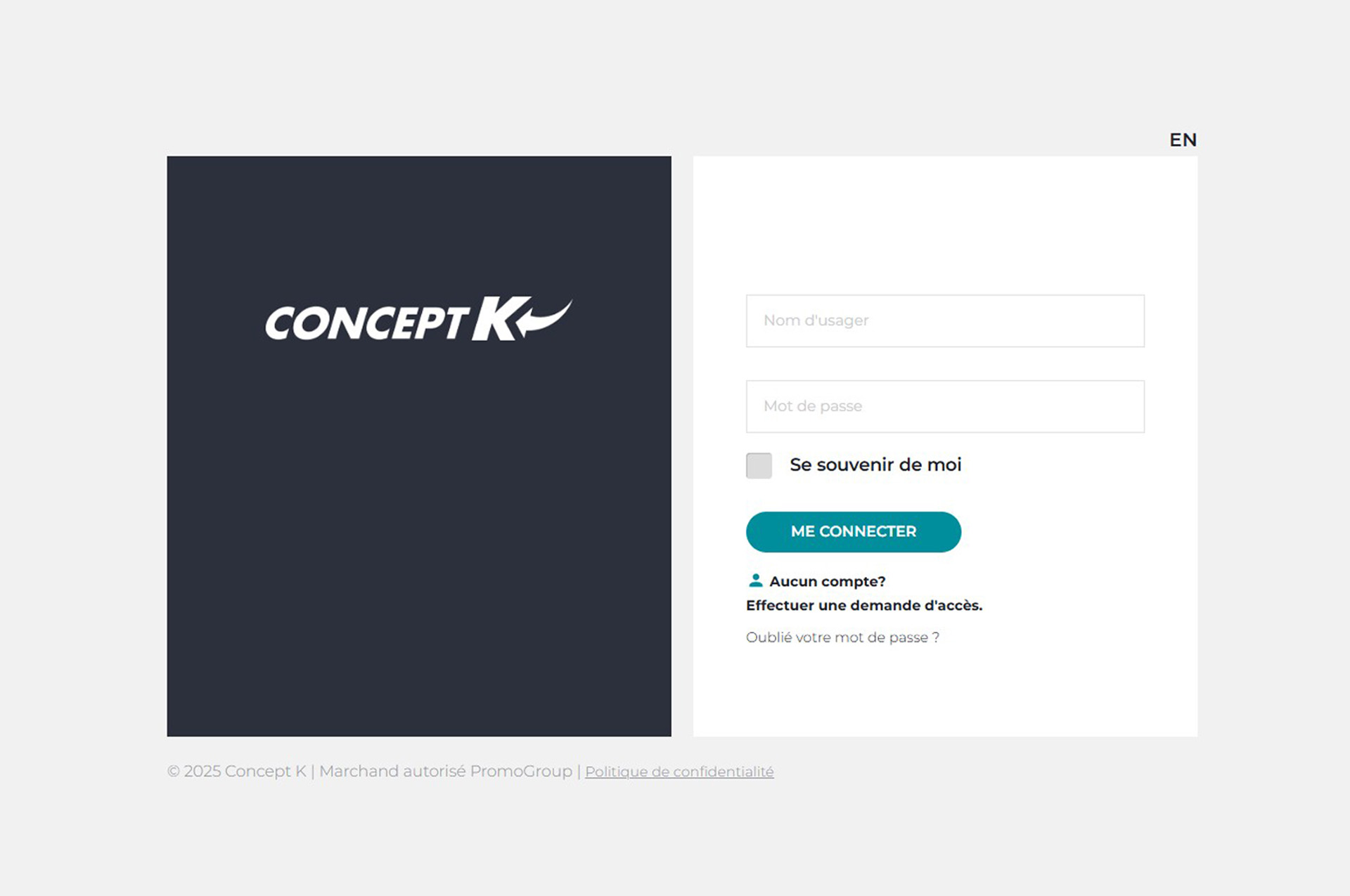 Boutique en ligne interface de connexion