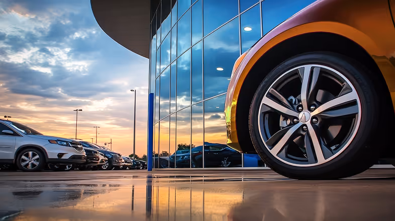 Car dealership exterior at sunset
