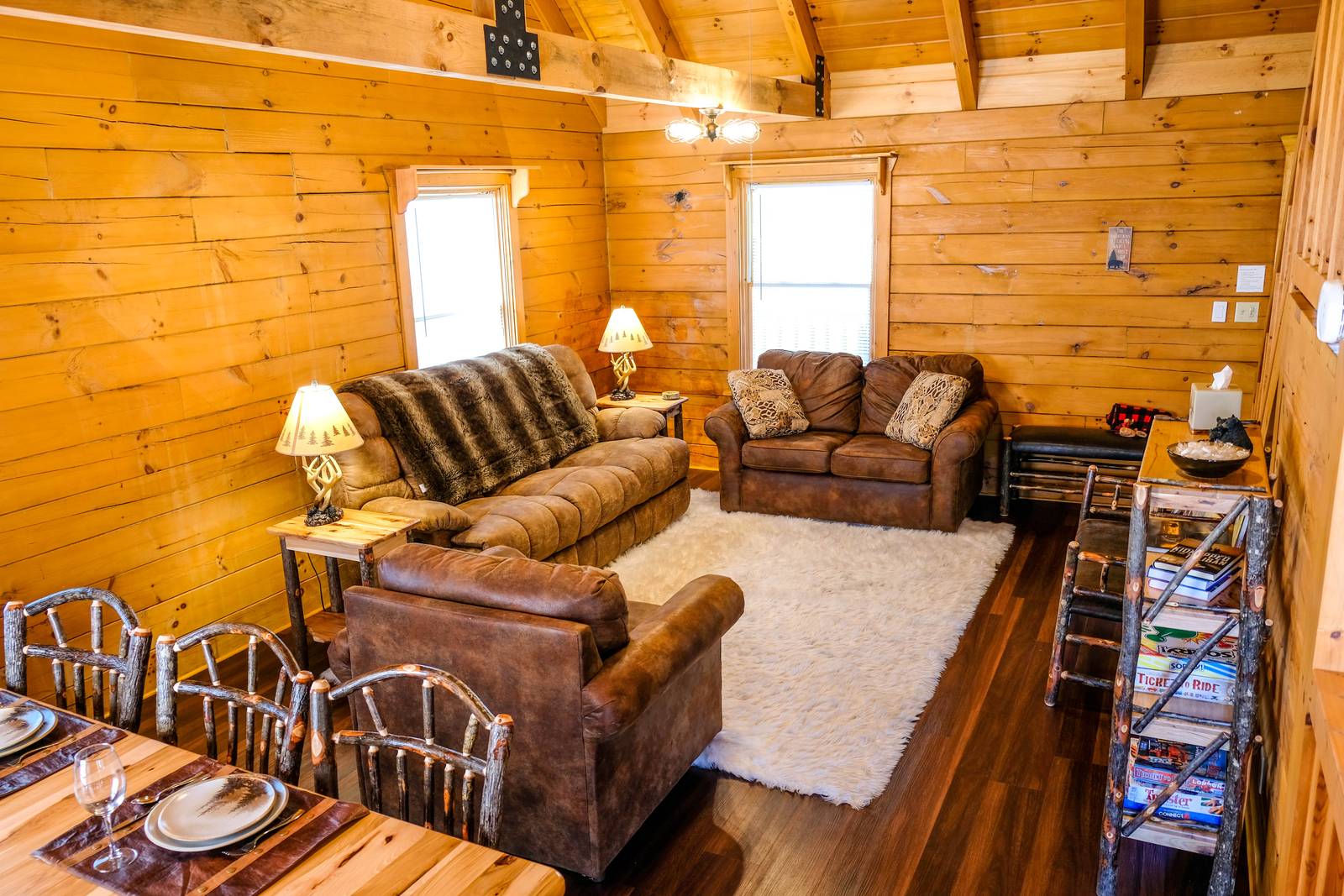 Log cabin living room with leather seating