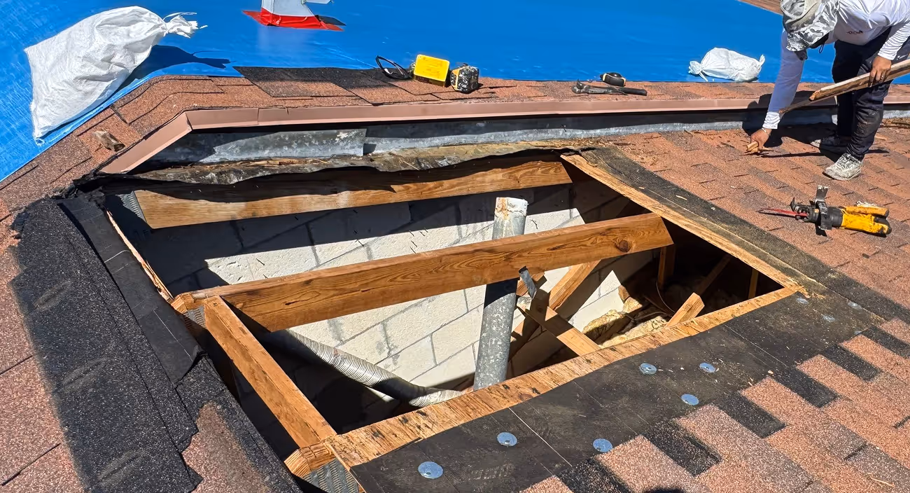 crew performing a roof repair on a home