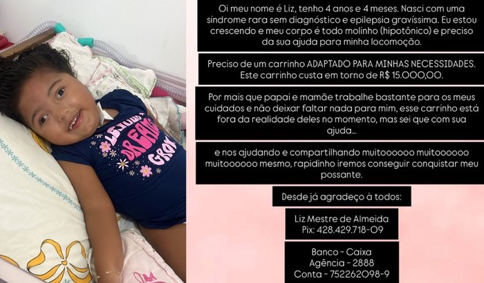 "Campanha busca arrecadar R$ 15 mil para carrinho adaptado que vai transformar a locomoção de Liz"
