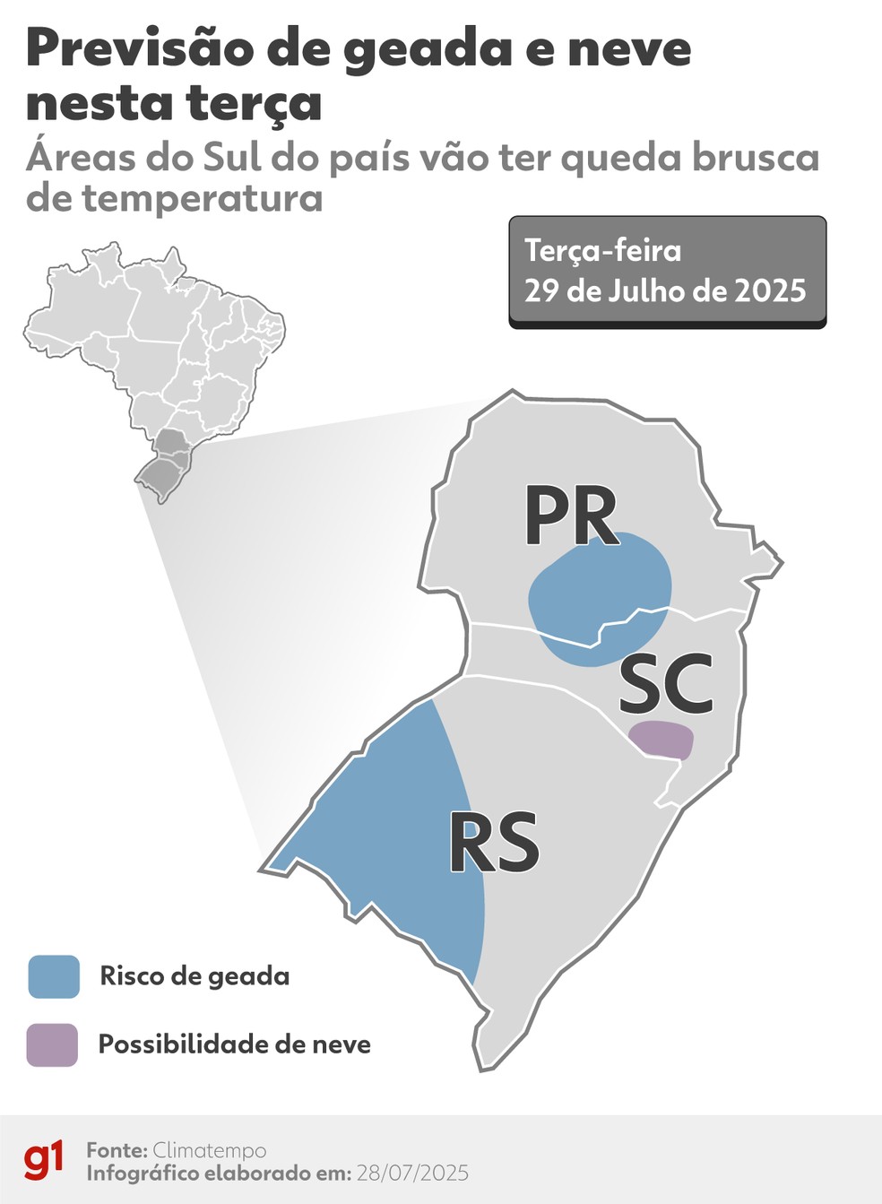 Frio intenso e possibilidade de neve marcam a última semana de julho em diversas regiões do Brasil