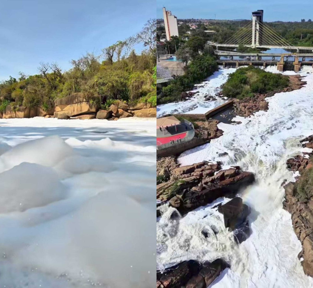 Espuma tóxica cobre o Rio Tietê em Salto e afeta turismo na região durante a estiagem
