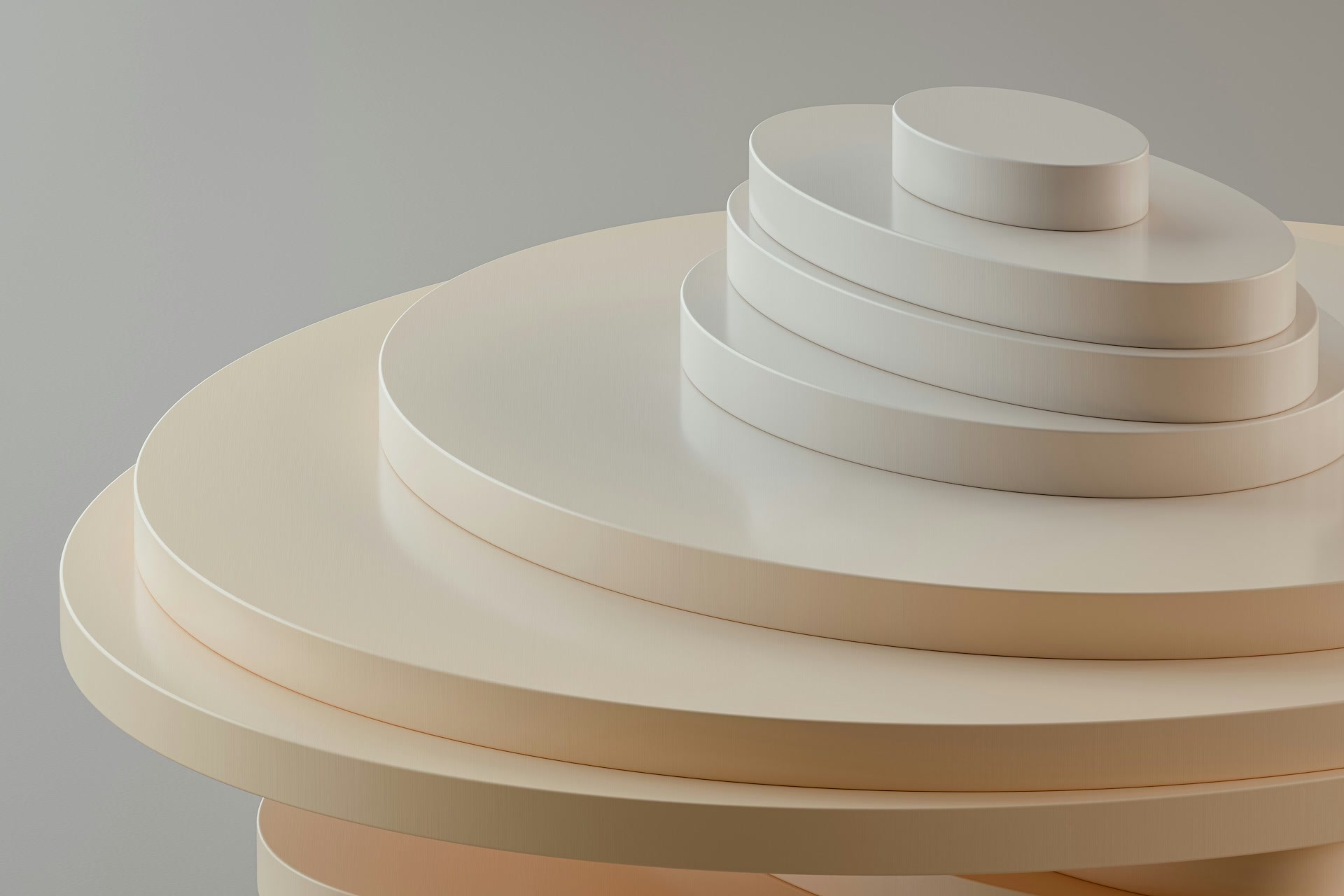 Geometric 3D cream render of shapes resembling stacked plates