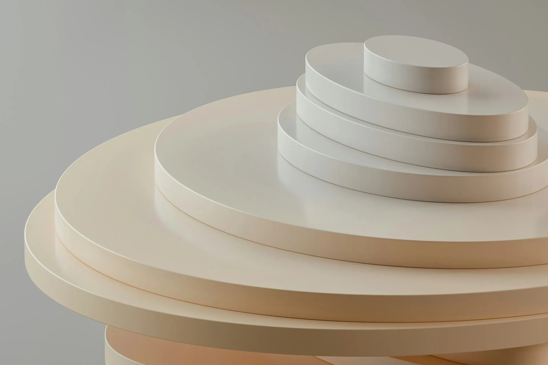 Geometric 3D cream render of shapes resembling stacked plates