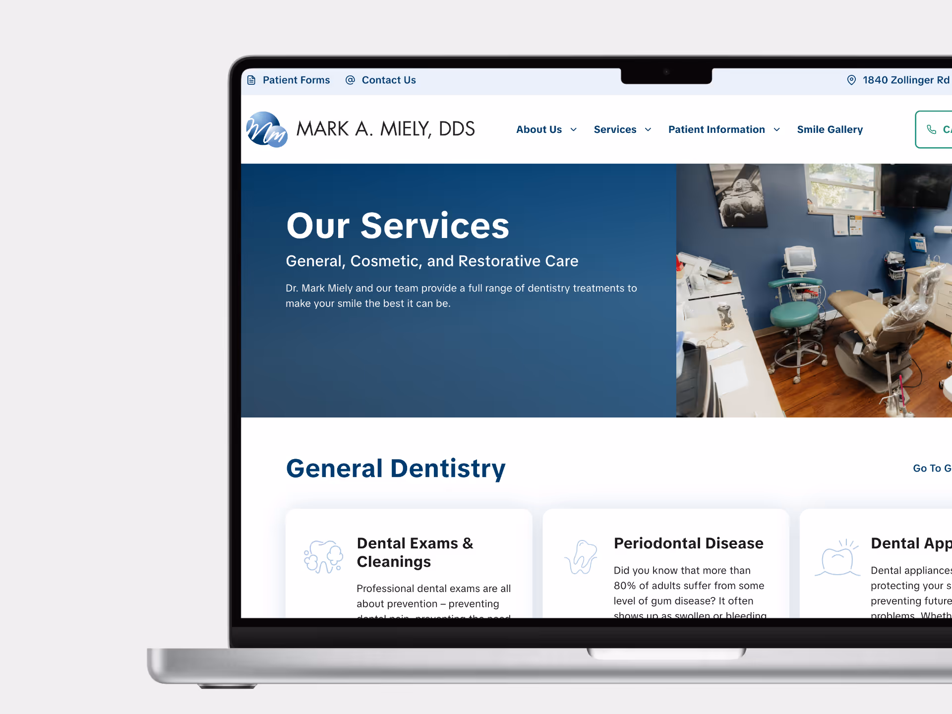 The Mark A Miely DDS services page on an Apple Macbook Pro