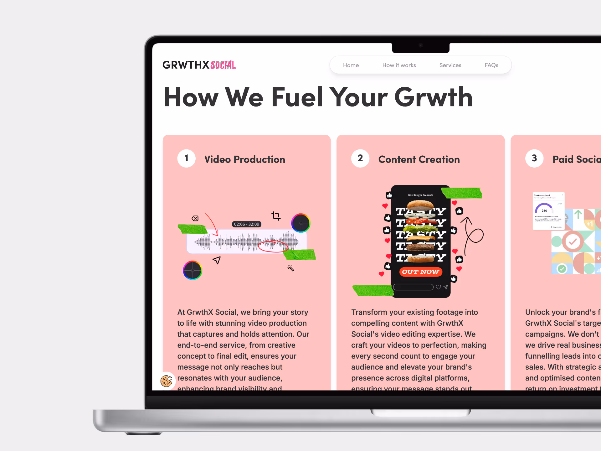 a mockup of the grwthx social benefits page on an apple macbook pro