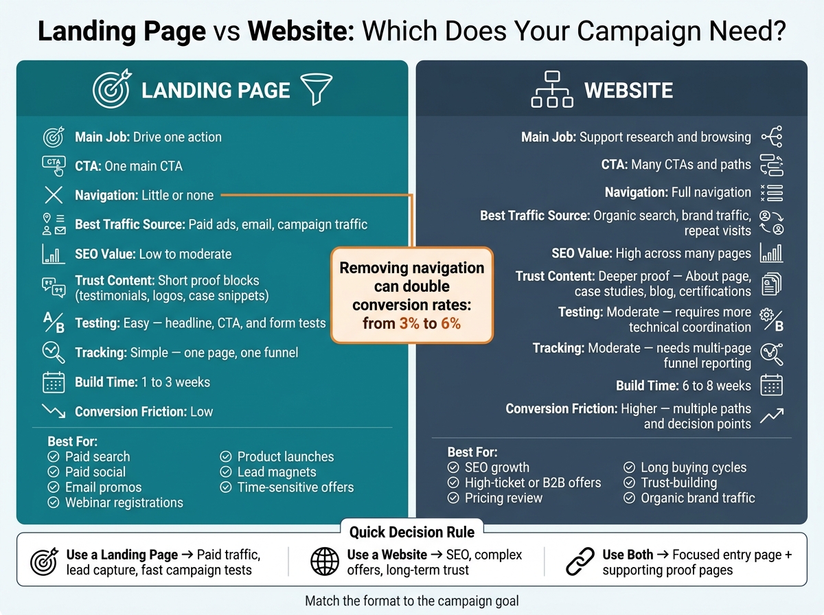 Landing Page vs Website: Side-by-Side Comparison for Campaigns