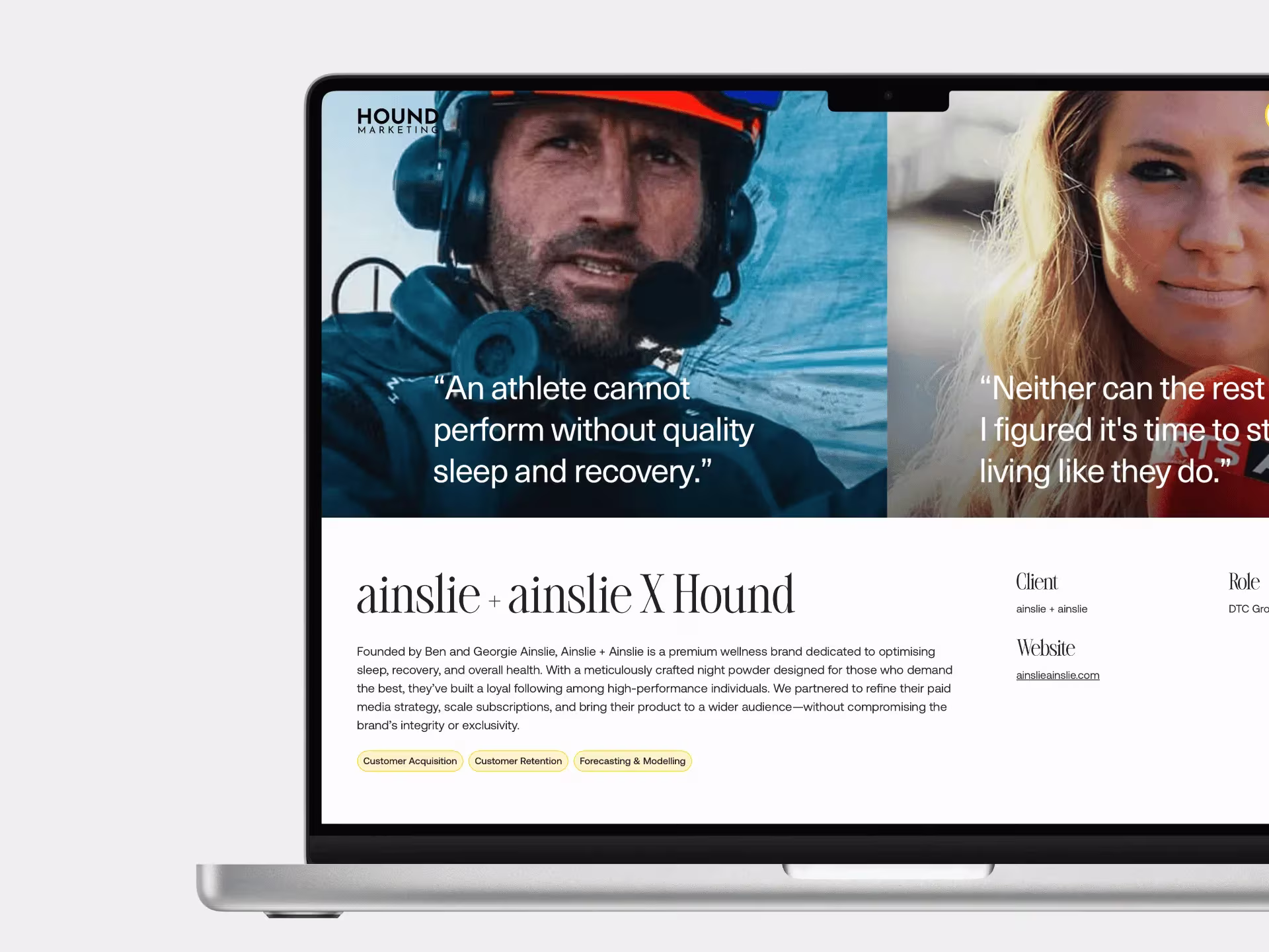 Hound Marketing case study page for ainslie + ainslie X Hound showing athlete in sailing gear with quote about sleep and recovery, woman smiling with wellness quote, and project description about premium DTC growth strategy on a laptop