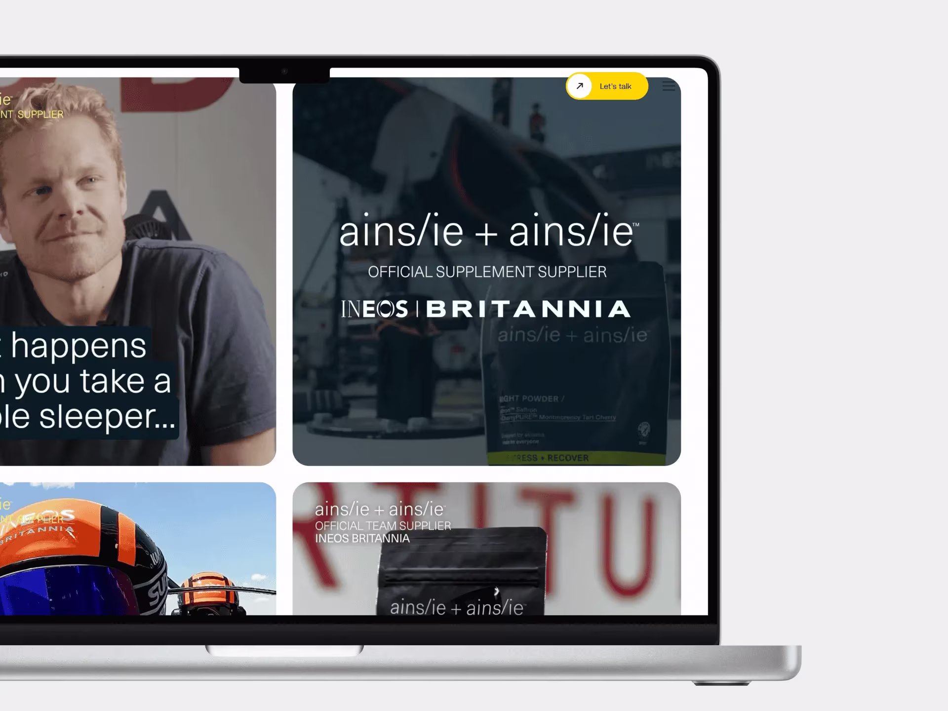Hound Marketing portfolio page showing ains/ie supplement brand as Official Supplement Supplier for INEOS Britannia sailing team with race helmet and product packaging photos on a laptop