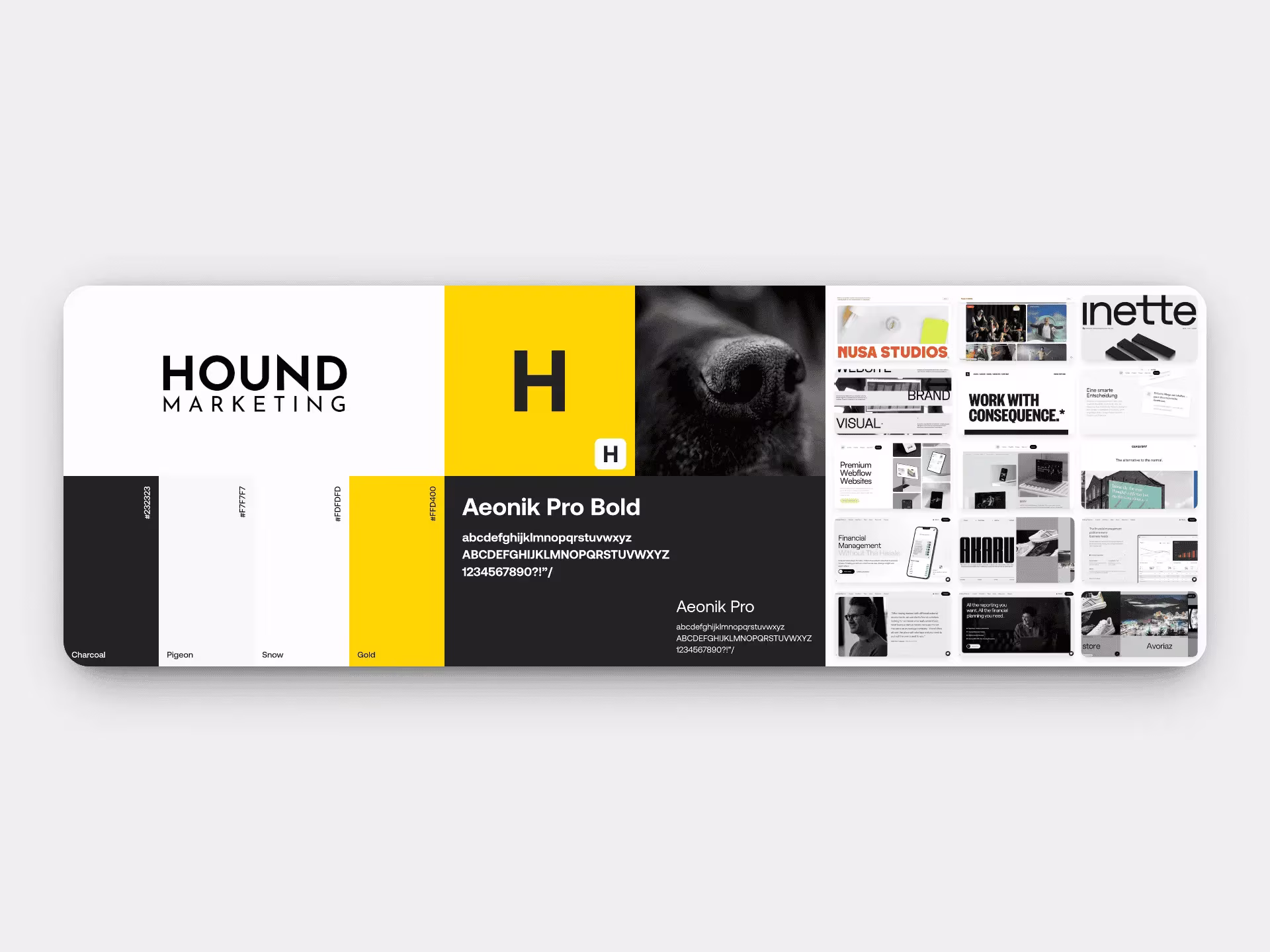Hound Marketing brand style guide showing logo, Charcoal Pigeon Snow Gold color palette, Aeonik Pro Bold typography and portfolio mood board of past projects