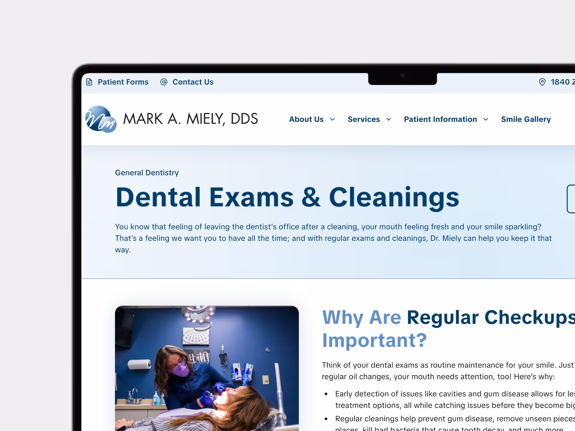 Mark A. Miely DDS Dental Exams and Cleanings service page showing Why Are Regular Checkups Important with dental hygienist treating patient photo on a laptop