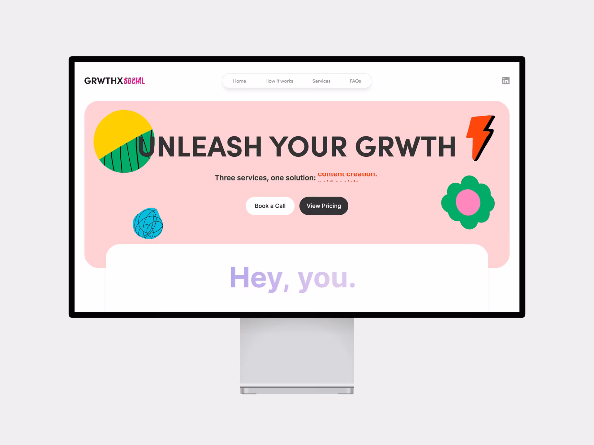 GRWTHXSOCIAL social media agency homepage showing Unleash Your GRWTH hero with colorful cartoon design, content creation and paid social tagline, Book a Call and View Pricing CTAs on a desktop monitor