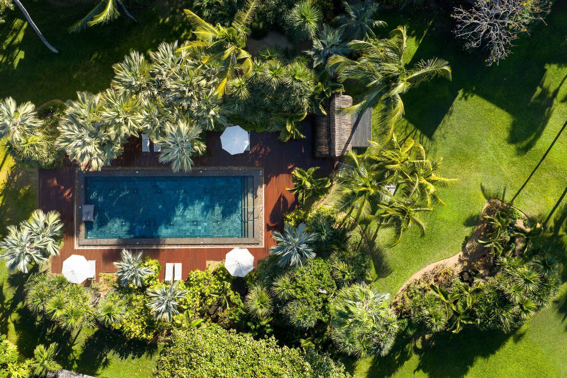 Flygbild över en privat pool med trädäck och parasoll, omgiven av palmer och grönska på ett Beachcomber-resort på Mauritius
