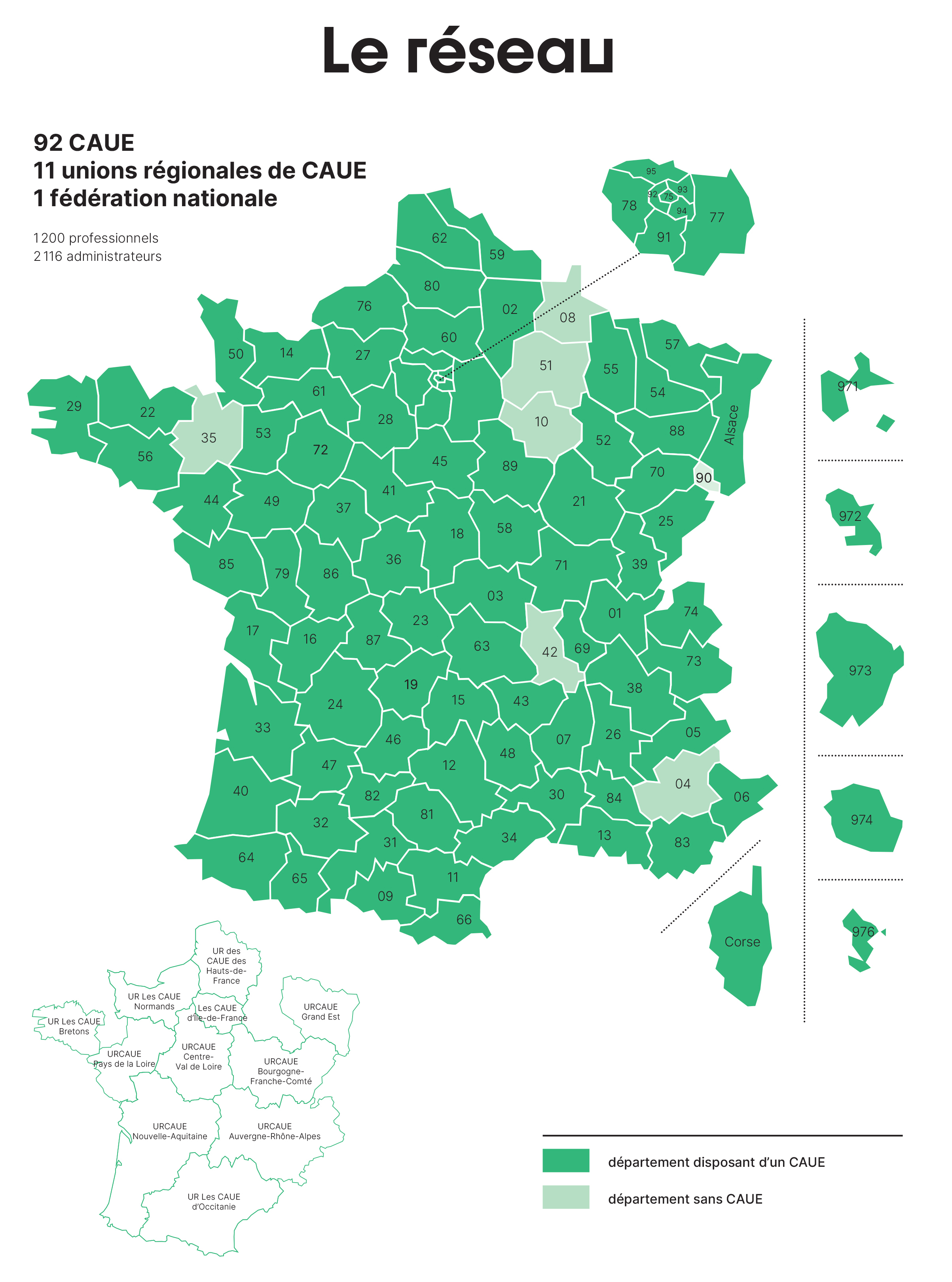 Carte des 92 CAUE en France