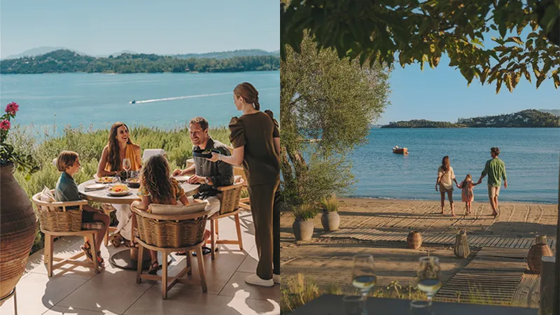 Familj njuter av middag och strandmiljö vid havet på IKOS Andalusia med utsikt över vattnet och omgivande natur.