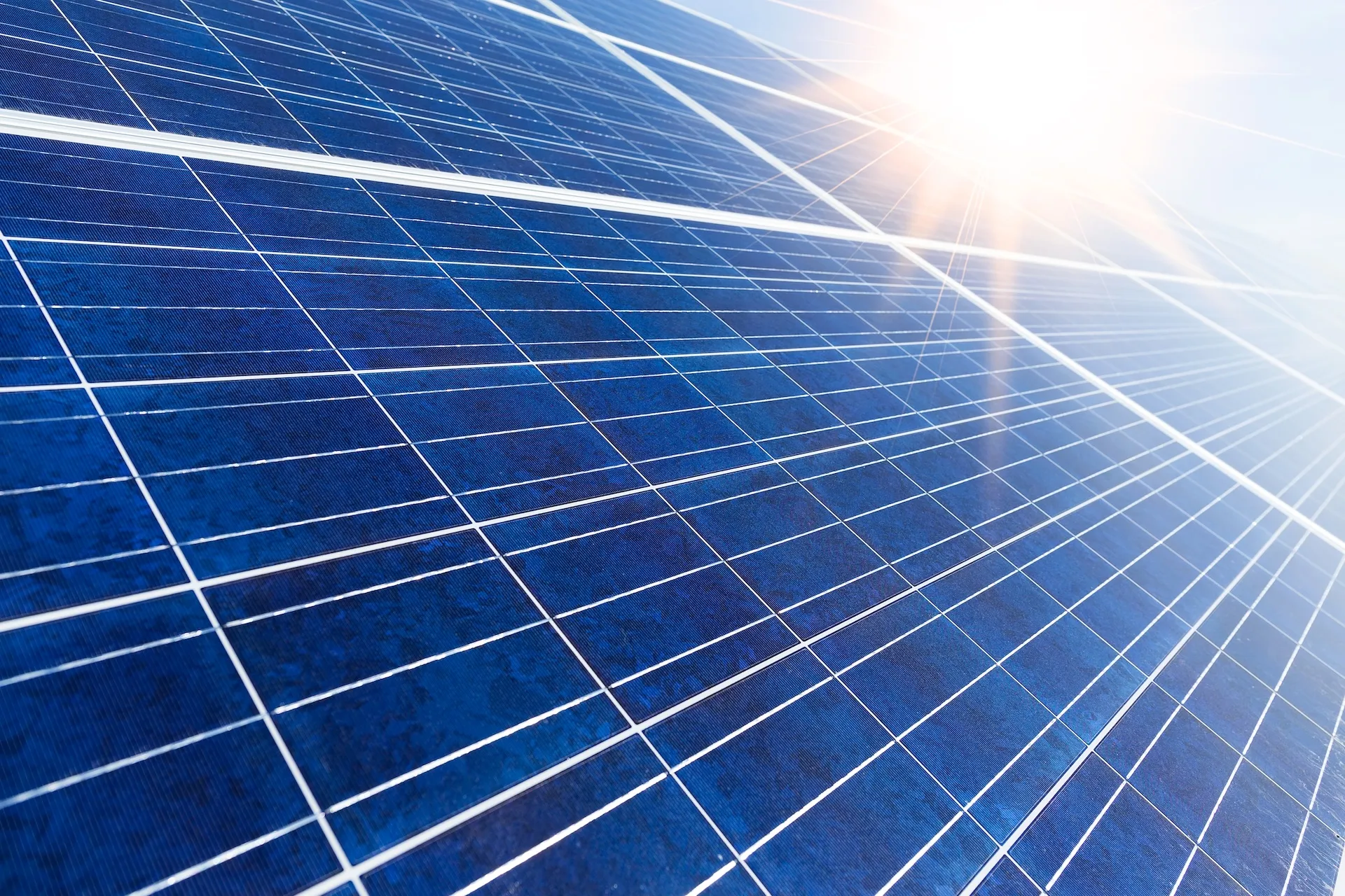 Close-up of blue solar panels reflecting sunlight under a clear sky.