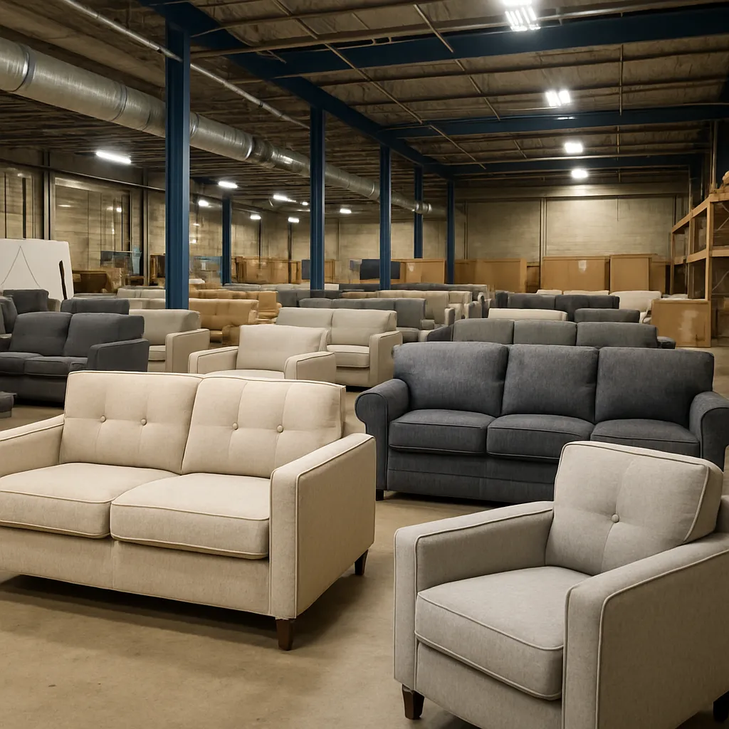 Warehouse showroom filled with multiple beige, gray, and dark gray sofas and armchairs arranged in rows.