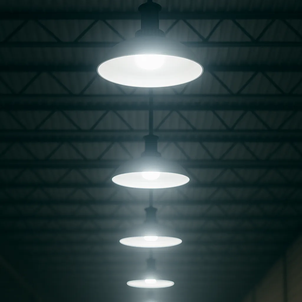 Row of modern hanging industrial lamps glowing from a warehouse ceiling with visible metal beams.