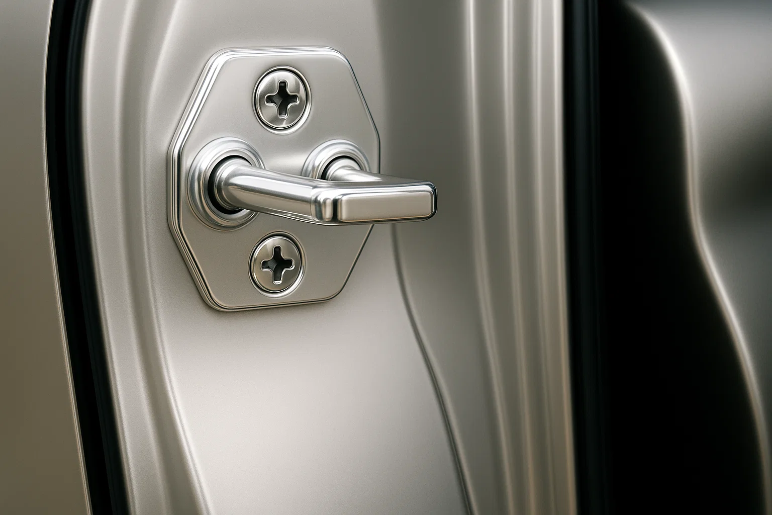 Close-up of a metallic car door latch mechanism with polished screws and a rectangular handle.