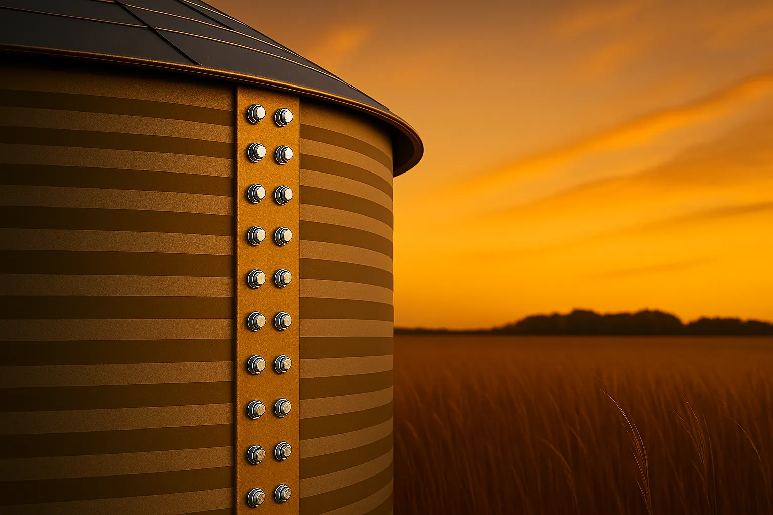 Close-up of metal bolts on a striped grain bin at sunset with a wheat field and distant trees.