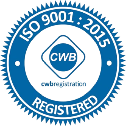 Blue circular ISO 9001:2015 registered certification seal with CWB logo in the center.