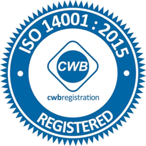 Blue circular ISO 14001:2015 registered certification seal with CWB logo in the center.