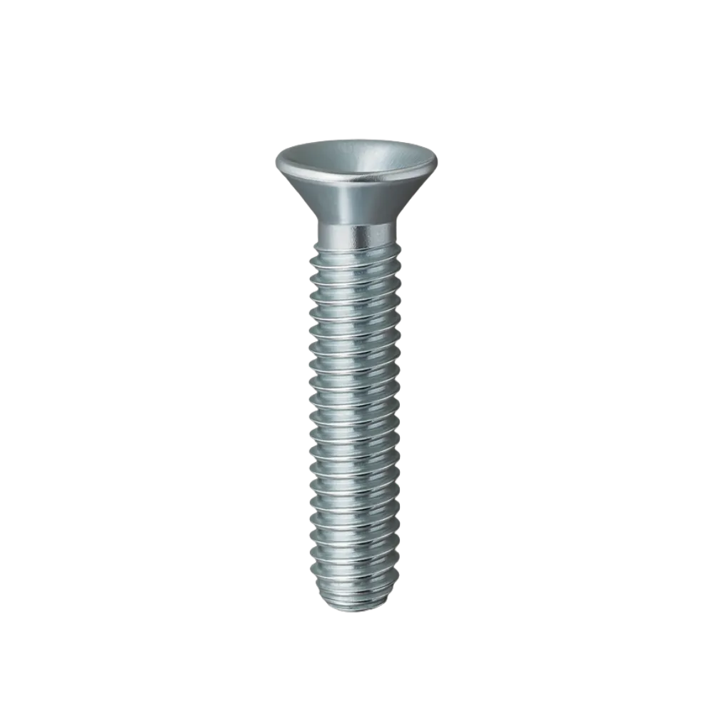 Close-up of a zinc-plated flat head screw with threaded body on black background.