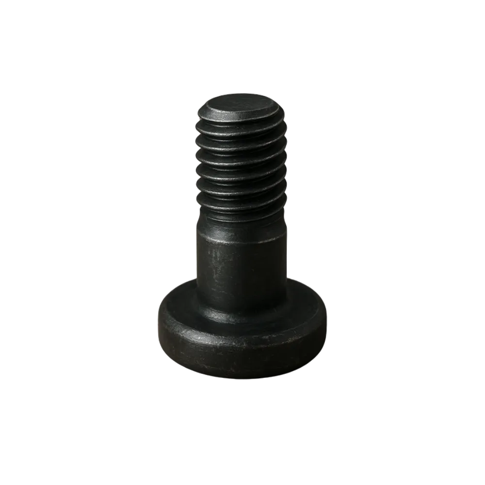 Close-up of a black trivalent black zinc screw with a flat, wide head and threaded shaft.