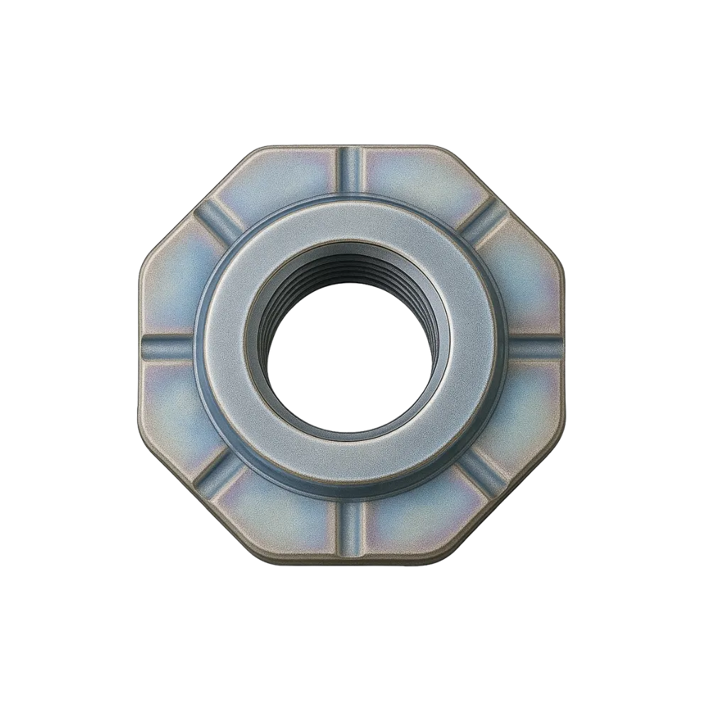 Top view of a metallic octagonal nut with internal threading. Zinc trivalent.