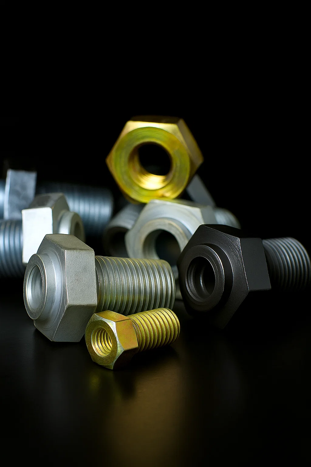 Close-up of various metal bolts and nuts in silver, gold, and black on a dark background.