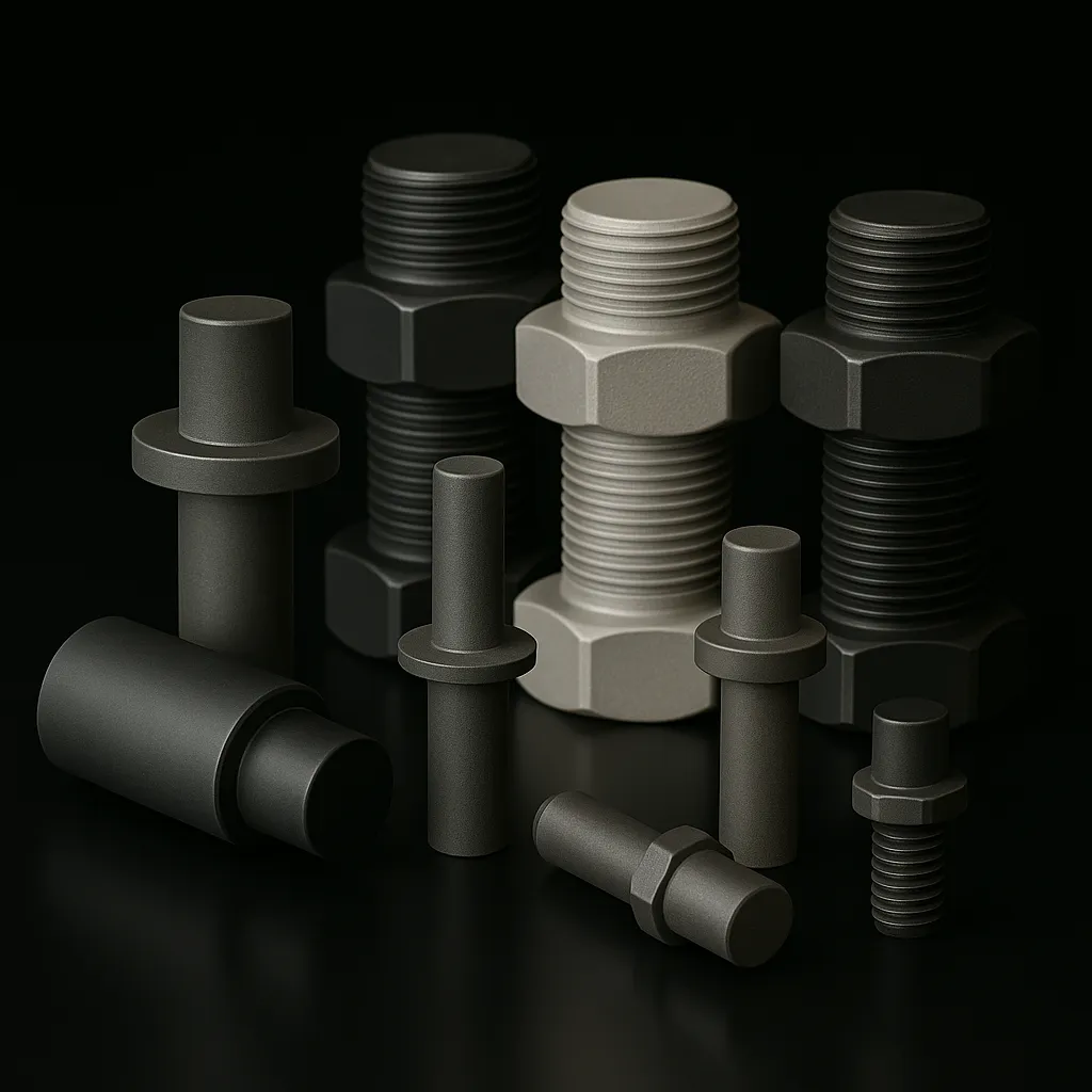 Various sizes and colors of industrial threaded bolts and pins arranged on a black surface.