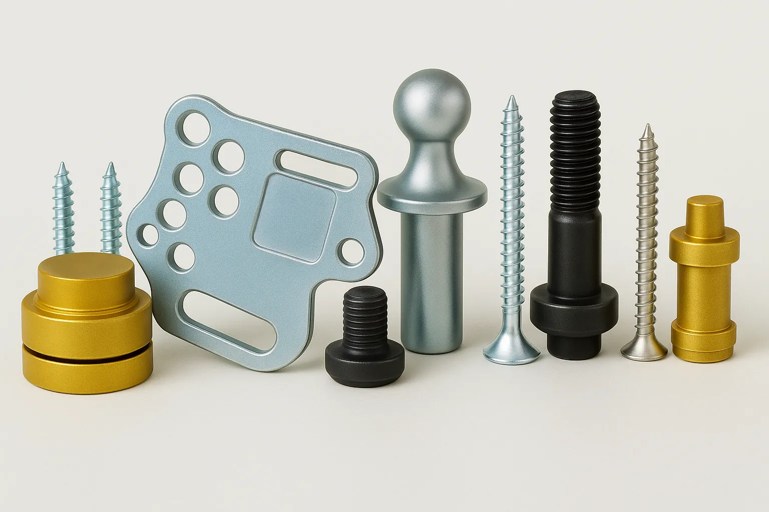 Various metallic hardware components including screws, bolts, and a silver mounting plate arranged on a light surface.