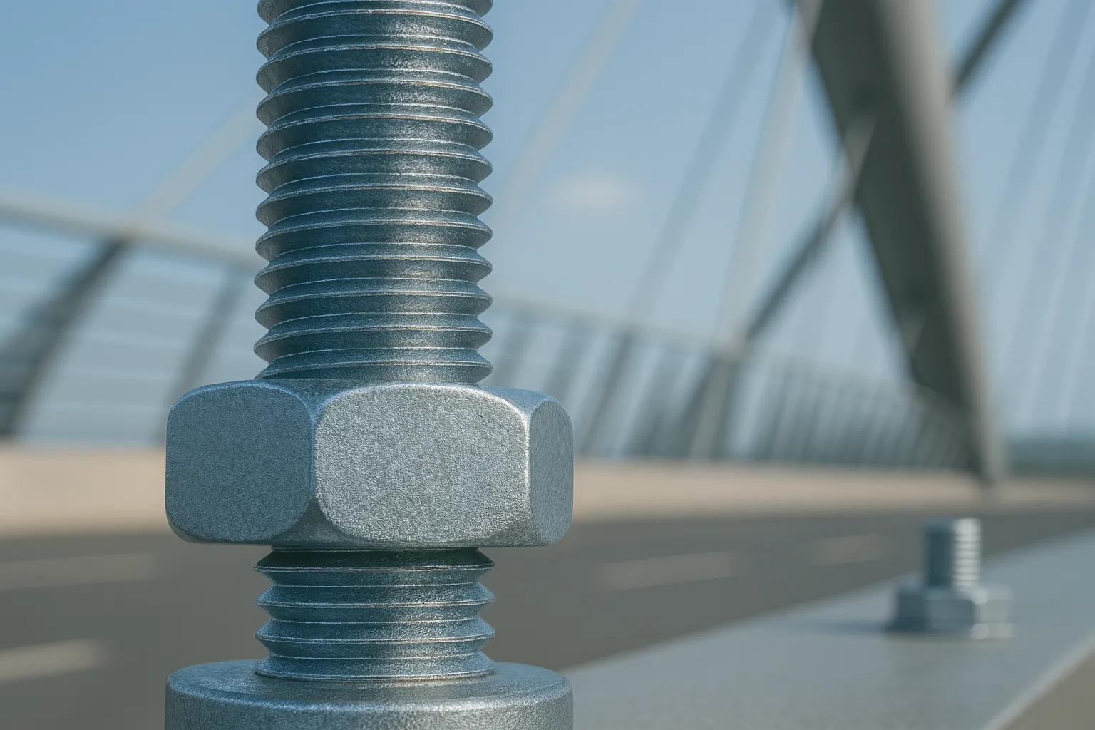 Close-up of a large metal bolt with a nut on a bridge structure with cables and railings in the background.