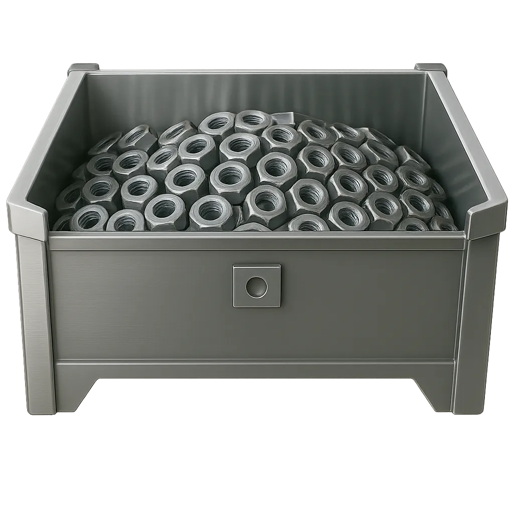 Metal container filled with large hex nuts stacked inside. Hydrogen baking