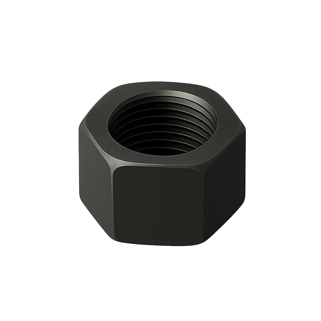 Close-up of a black hexagonal metal nut with internal threading on a gray background.