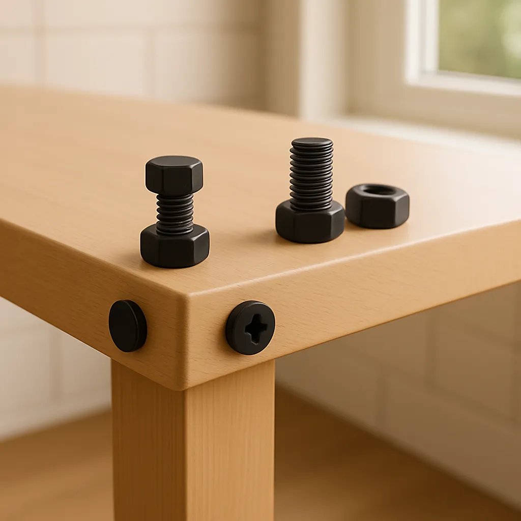 Close-up of a wooden table corner with black screws, bolts, and nuts on top and attached to the side.